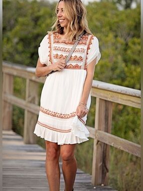 Free People Sunrise Wanderer Mini Dress Large Multi Embroidery Ruffle Crinkle